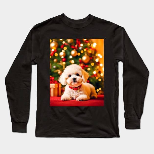 Bichon Frise Puppy Dog by Christmas Tree Long Sleeve T-Shirt by nicecorgi